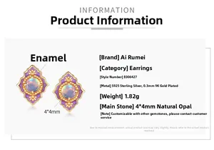 Detail view of S925 silver 9K gold plated earrings with purple enamel and 4mm opal stone