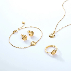 S925 silver adjustable ring and jewelry set featuring cute cubic zirconia cat paw design