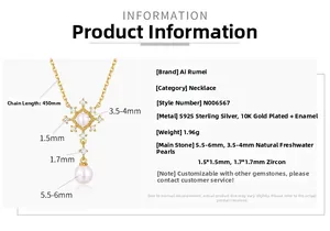 Detailed specs of S925 silver pearl necklace with 10K gold plating and measurements