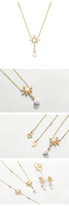 Detail of S925 silver gold-plated jewelry set with freshwater pearls and 3A zircon