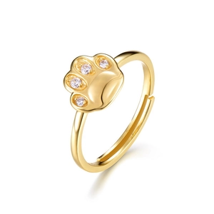 Cute S925 silver cat paw open ring in gold finish with sparkling white zircon stones