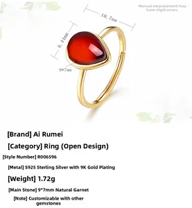 Detailed macro view of pear-cut red garnet set on an adjustable S925 silver gold ring