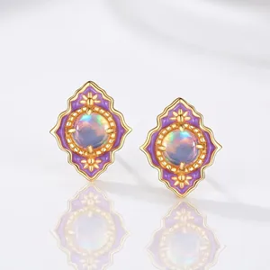 Vintage S925 Sterling Silver Natural Opal Stud Earrings For Women Purple Enamel Rhombus Geometric Gold Plated Luxury Jewelry Gift
