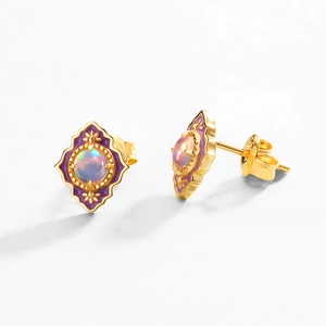 Vintage S925 sterling silver earrings with purple enamel and opal stone in gold finish