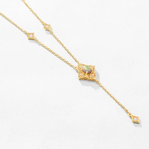 Vintage gold S925 silver lace opal necklace with emerald-green fire and zircon accents