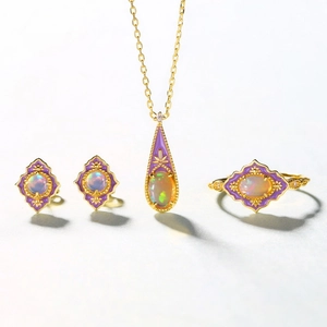S925 silver jewelry set with purple enamel and opal stones including necklace and earrings