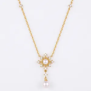 Artificial Pearl Necklace 925 Sterling Silver Snowflake Pendant Gold Plated Vintage Jewelry For Women Elegant Clavicle Chain