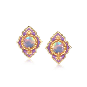 Vintage gold S925 silver earrings with purple enamel border and iridescent opal center