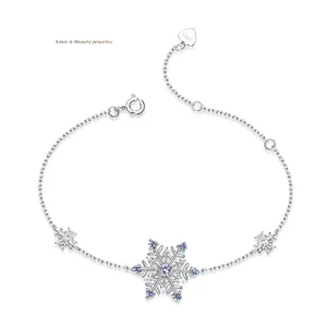 925 Sterling Silver Snowflake Bracelet For Women Blue Spinel White Zirconia Inlaid Adjustable Winter Fashion Jewelry Gift