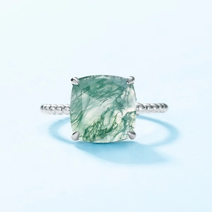 Vintage S925 silver ring featuring square green moss agate with natural texture