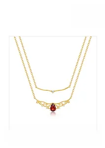 Detail of S925 sterling silver layered necklace with pear-cut garnet pendant