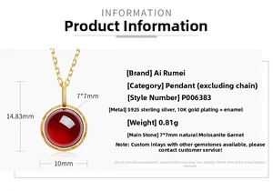 Detailed spec sheet showing a 7x7mm natural garnet pendant in S925 sterling silver gilt