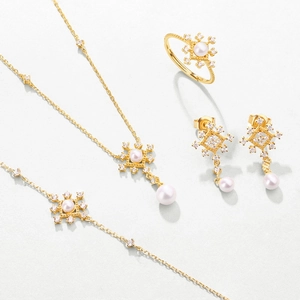 Elegant 925 silver pearl jewelry set with gold starburst pendants and zircons
