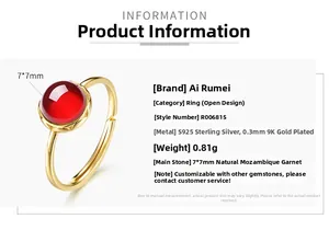 Dettaglio anello argento 925 placcato oro con granato rosso tondo 7mm e fascia aperta