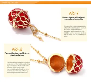 Red enamel egg pendant necklace in 9K gold plated silver with openable hollow design