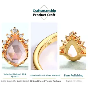 Detail of pear-cut pink crystal ring showing S925 silver hallmark and polished gold finish
