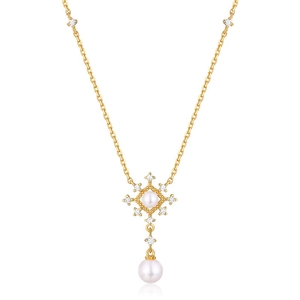Vintage gold 925 silver necklace featuring elegant pearl pendant and zircon accents