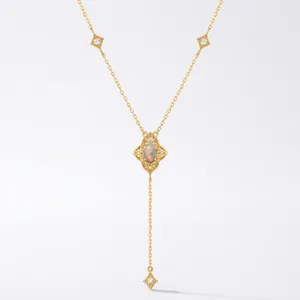 Vintage 925 Sterling Silver Natural Opal Necklace For Women Retro 9K Gold Plated Hollow Lace Floral Pendant Zirconia Jewelry Accessory