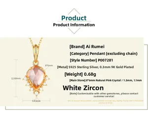 Macro detail of S925 silver 9K gold pendant with rose quartz and dimensions 12x9mm