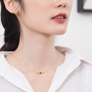 Detailopname van een vergulde 925 zilveren ketting met een dieprode granaat bloemhanger