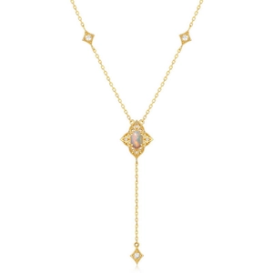 Vintage S925 silver 9K gold plated Y-necklace with opal and filigree lace floral petals