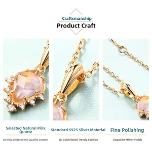 Macro detail of rose-cut pink quartz pendant set in gold-plated S925 sterling silver