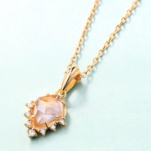 Geometric rose quartz pendant necklace in S925 silver with 9K gold plating