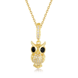 Élégant collier pendentif hibou en argent plaqué or avec yeux noirs et zircons blancs