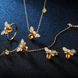 Golden 925 silver bee jewelry set with citrine stones including necklace and earrings