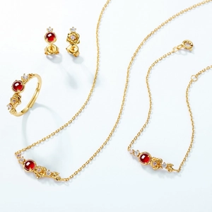 925 silver 9K gold plated garnet flower jewelry set with necklace, bracelet and ring