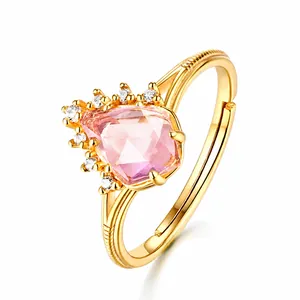 Vintage 925 Sterling Silver Natural Rose Quartz Moss Agate Crown Adjustable Open Ring Zirconia Inlaid Luxury Jewelry For Women