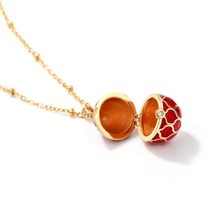 Faberge style 925 silver red enamel egg pendant necklace with gold plated finish
