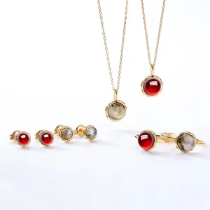 S925 silver gold plated jewelry set with natural garnet and labradorite stones