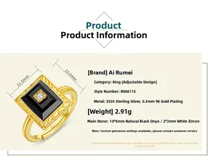 Detailed specs of S925 silver ring with 9K gold plating and rectangular black agate