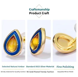 Macro detail of teardrop amber stud earrings with blue enamel and S925 gold plating
