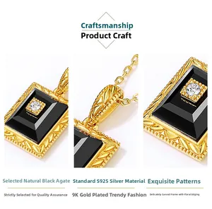 Detailed macro view of S925 sterling silver black agate pendant with 9K gold plating