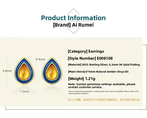 Detailed specs of teardrop amber studs in S925 silver with blue enamel edge