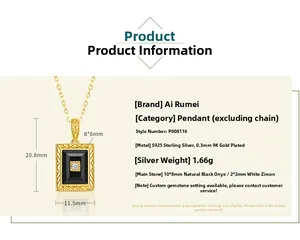 Detailed specs of S925 silver 9K gold plated pendant with black agate and white zircon stones
