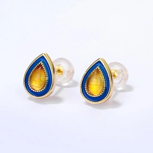 S925 silver gold plated teardrop earrings with amber stones and blue enamel finish