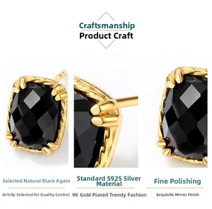 Detail of square-cut black agate on polished S925 sterling silver gold-plated stud earring