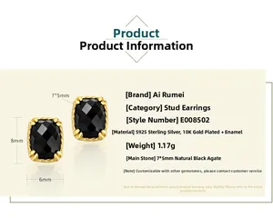 Detail view of gold-plated silver earrings with 7x5mm black agate and vintage design