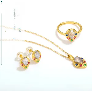 Classic gold-plated S925 silver jewelry set featuring labradorite heart pendants