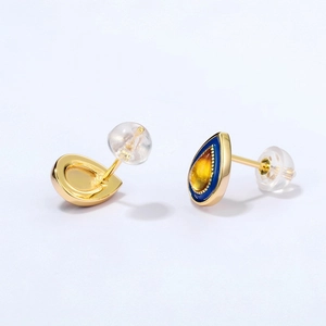 S925 silver gold-plated teardrop earrings with blue enamel and yellow amber-style stones