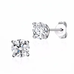 Boucles d'Oreilles Clous en Argent Sterling 925 Zirconia Rond pour Femmes Simple Élégant Bijoux en Zircone à Quatre Griffes