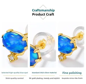 Macro detail of oval blue opal stud earrings with gold-plated S925 silver setting