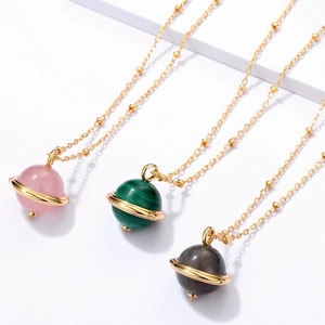 Collier Planète en Argent Sterling S925 Pendentif Malachite Naturelle Quartz Rose Labradorite Saturne Plaqué Or Bijoux Femme