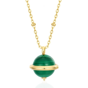 Collier Saturne en argent S925 plaqué or 9K avec pendentif en malachite et anneau doré