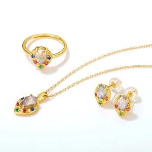 Vintage S925 gilded silver jewelry set with heart labradorite and colored zircon