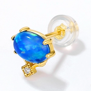S925 silver gold-plated stud earring with oval blue opal and square crystal accent