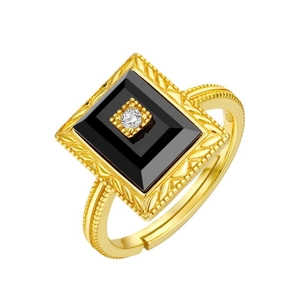 Vintage 925 Sterling Silver Black Agate Open Ring For Women Gold Plated Geometric Square Rhinestone Jewelry Accessory Gift